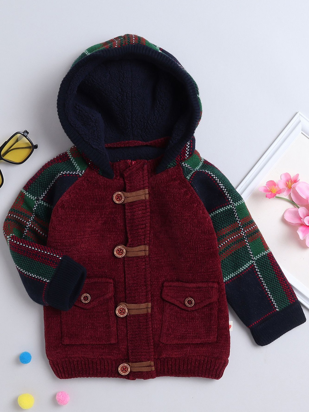 

Yellow Apple Boys Checked Woollen Winter Cardigan, Maroon
