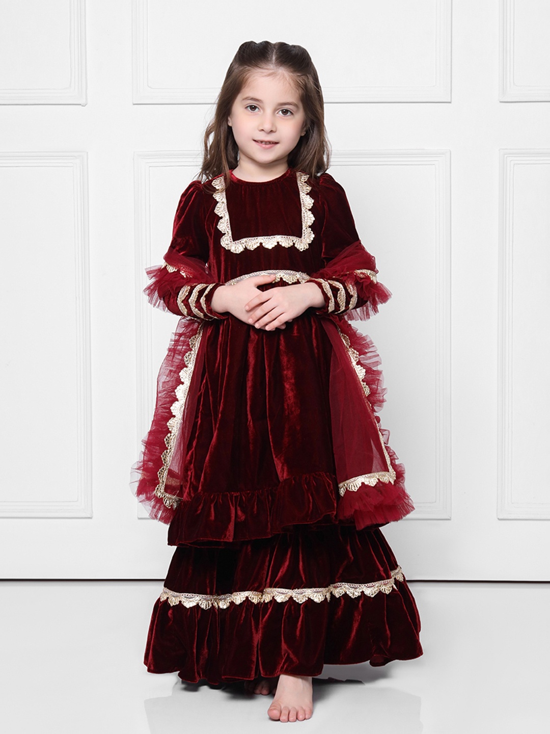 

THE PONY & PEONY CO. Girls Gotta Patti Velvet Anarkali Kurta with Sharara & With Dupatta, Maroon