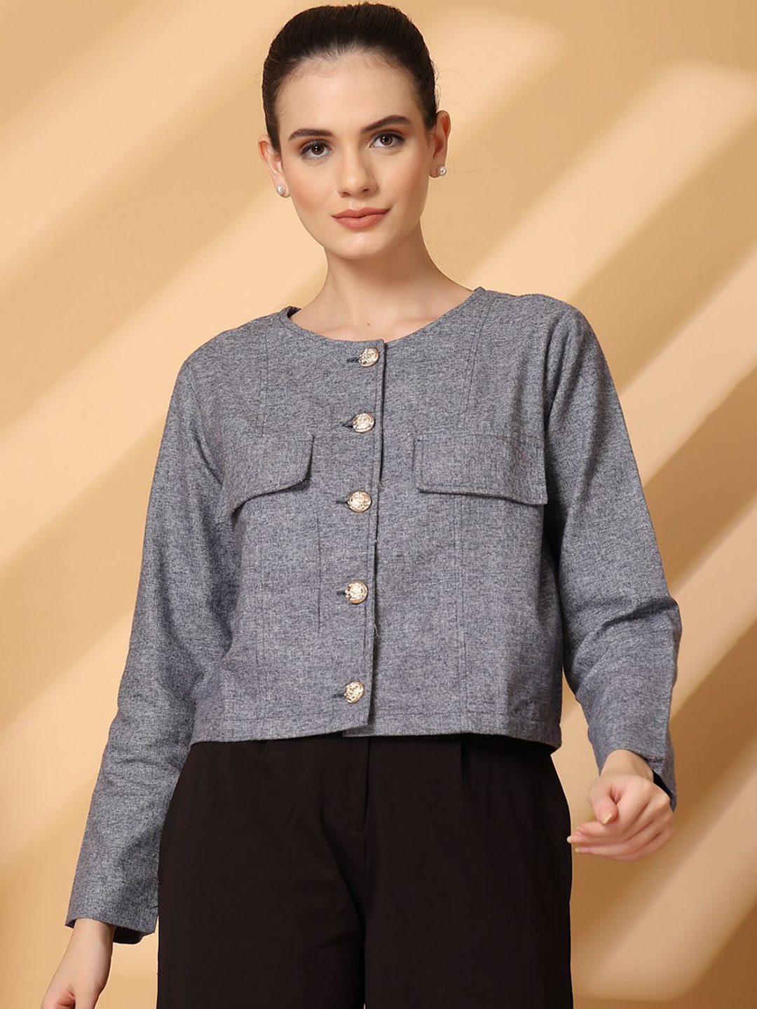 

plusS Cotton Collarless Cotton Crop Tailored Jacket, Blue