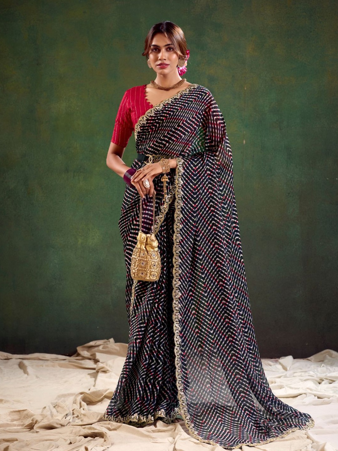 

CHUDIYA Leheriya Printed Embroidered Pure Chiffon Leheriya Saree, Black