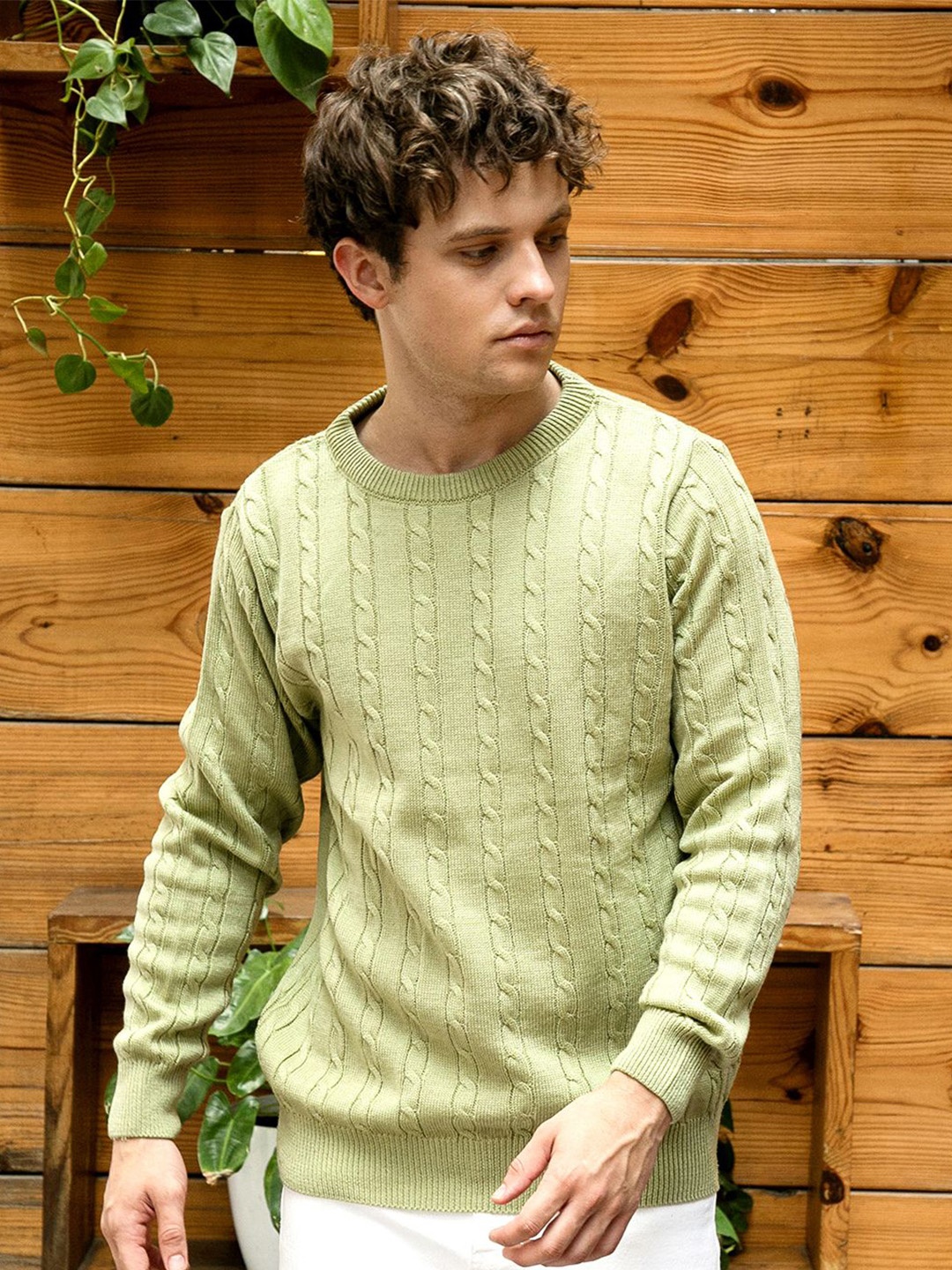 

Campus Sutra Men Cable Knit Self Design Pullover, Green