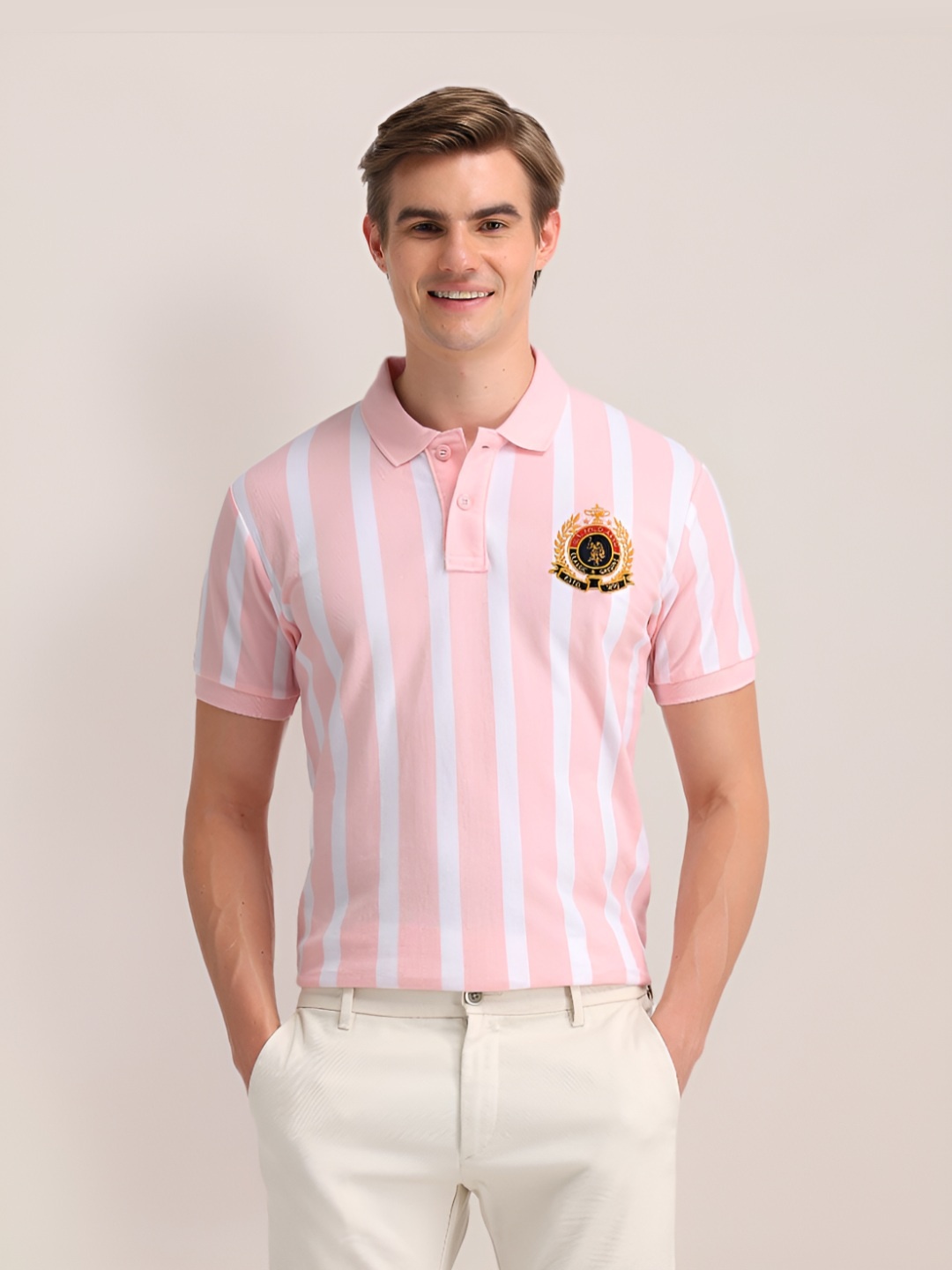 

U.S. Polo Assn. Men Striped Polo Collar Cotton Slim Fit T-shirt, Pink