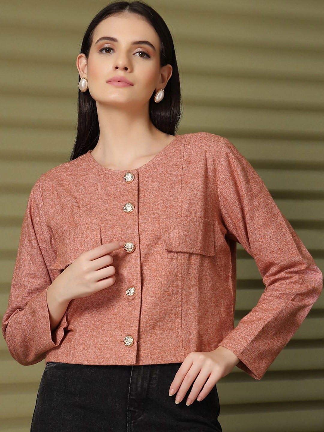 

plusS Collarless Cotton Single-Breasted Blazer, Pink