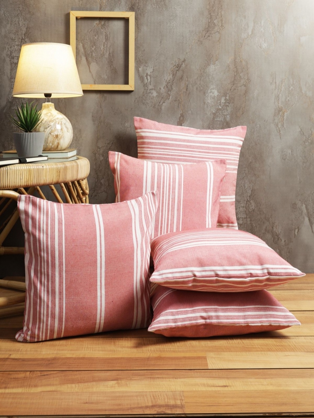 

Myntra Elegant Homes Pink & White Set of 5 Striped Square Cushion Covers
