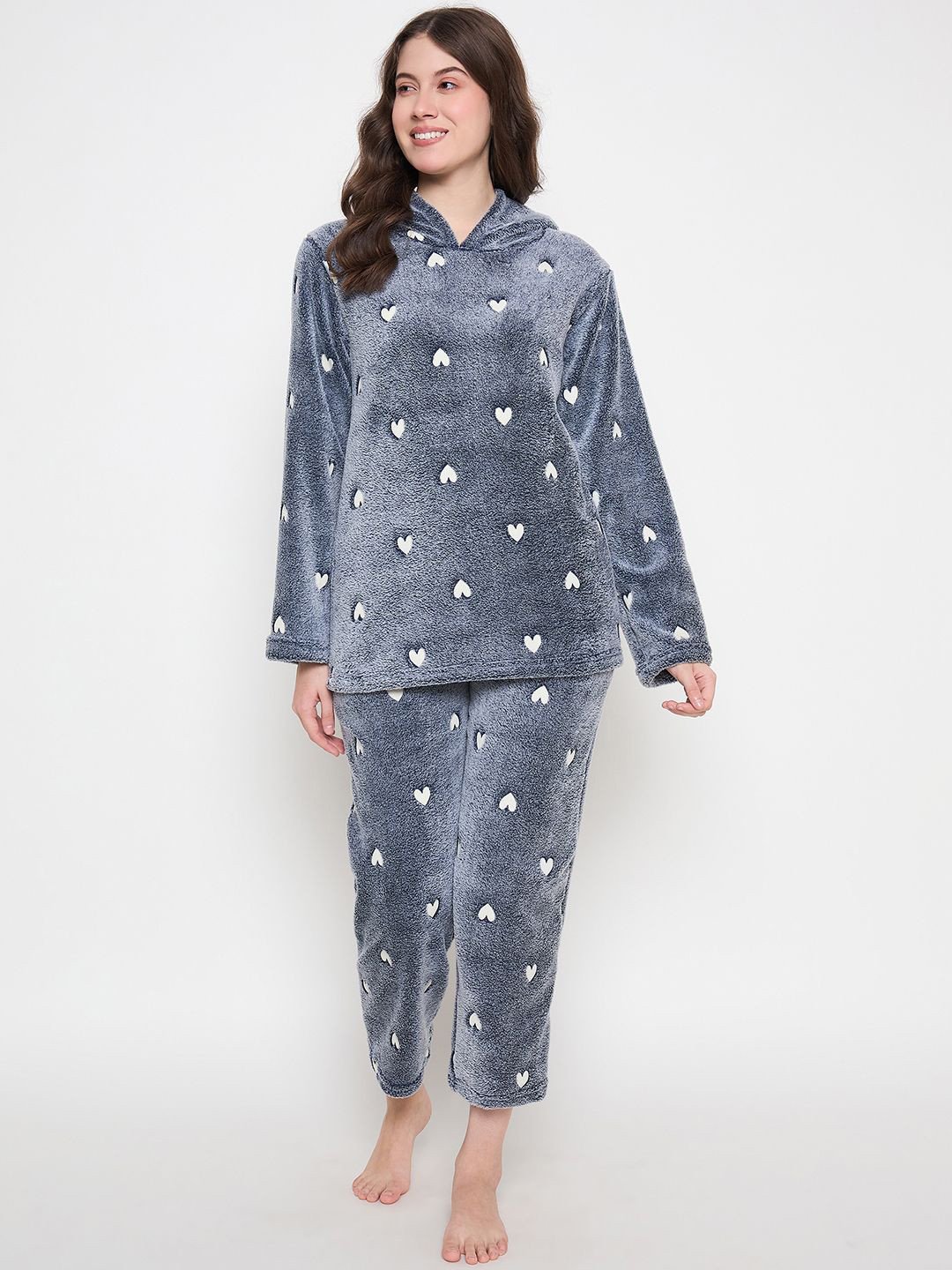 

Camey Women Graphic Printed Winter Hooded Top With Trousers Night Suit, Grey