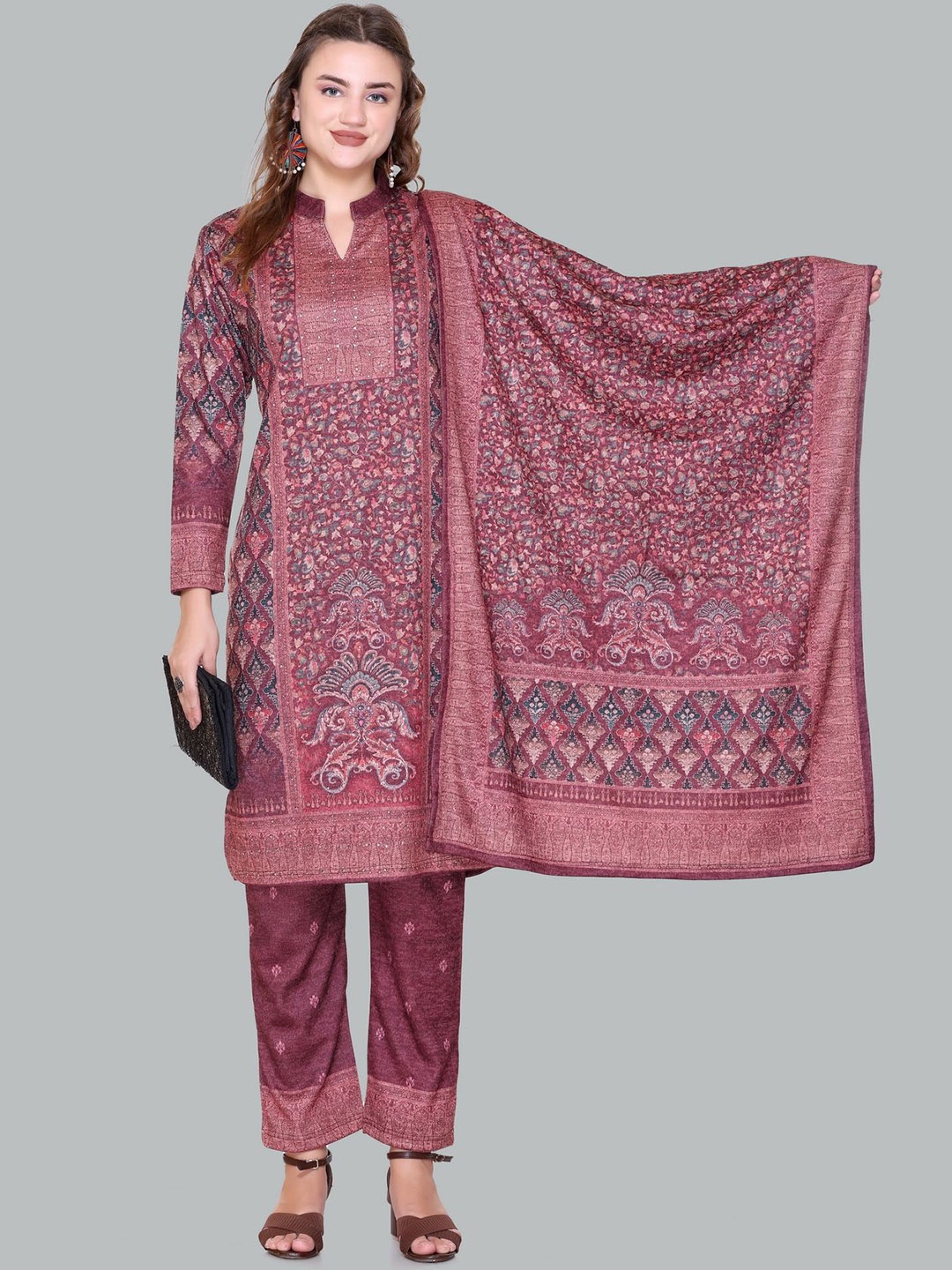 

Melvin Floral Printed Beads & Stones Straight Kurta with Trousers & Dupatta, Maroon