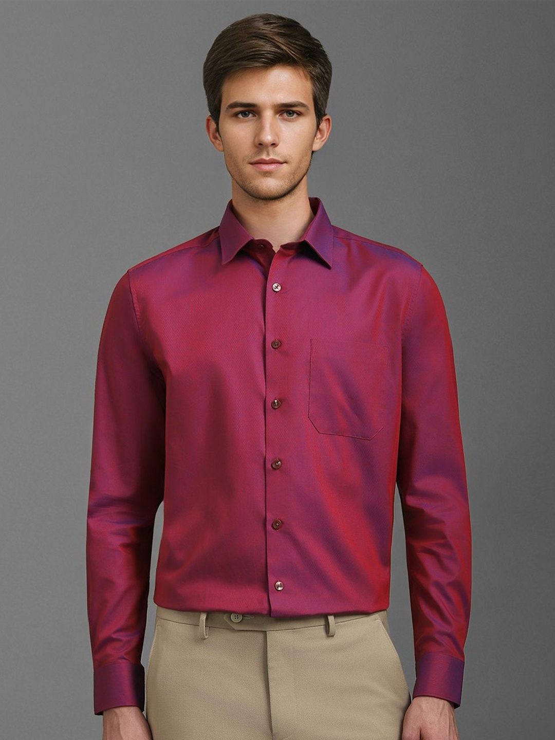 

Louis Philippe Men Spread Collar Solid Cotton Slim Fit Formal Shirt, Pink