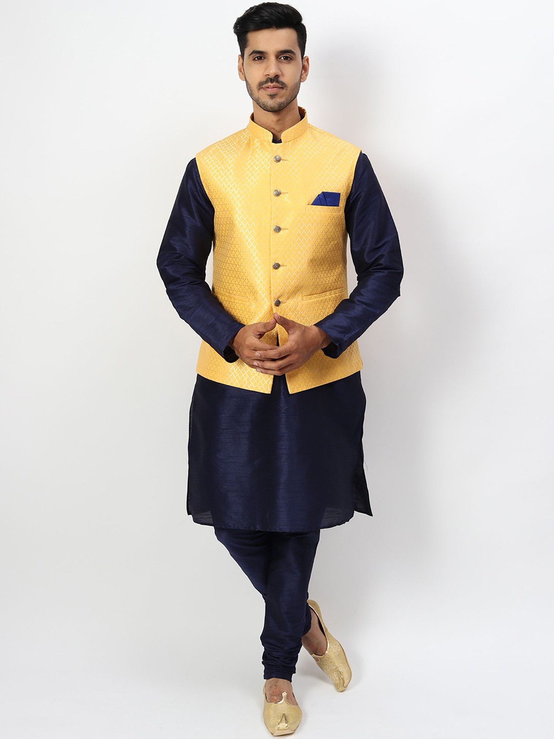 

Ethluxis Mandarin Collar Dupion Silk Straight Kurta With Churidar & Jacquard Nehru Jacket, Navy blue