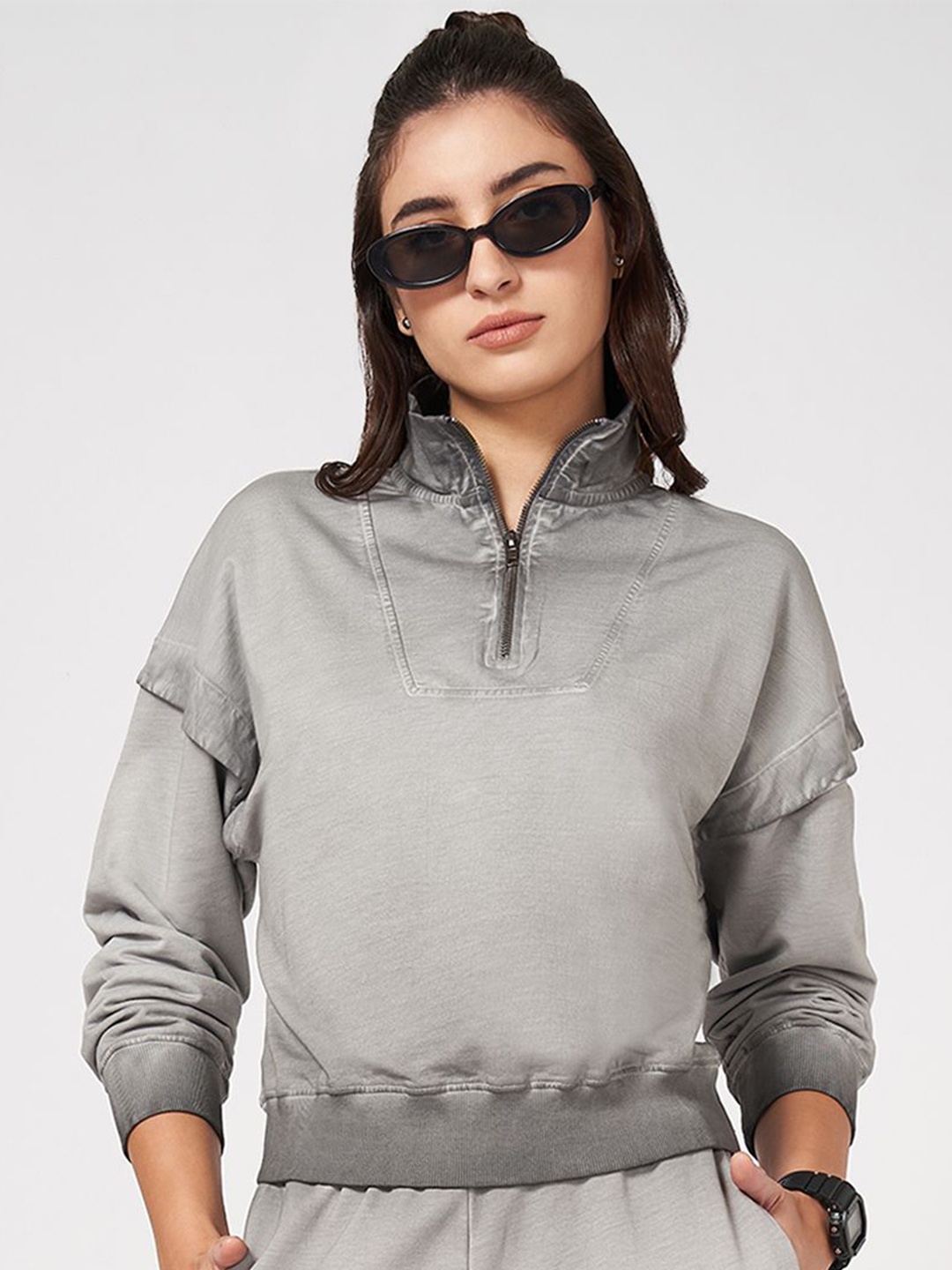 

Ajile by Pantaloons Women Mock Collar Crop Sweatshirt, Grey