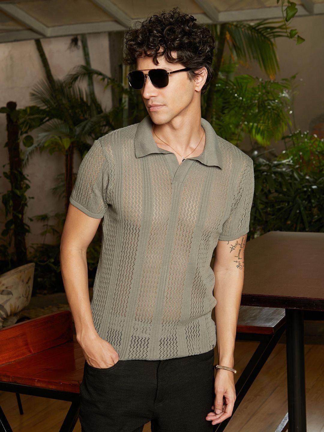 

Campus Sutra Men Self Design Polo Collar Cotton T-shirt, Grey