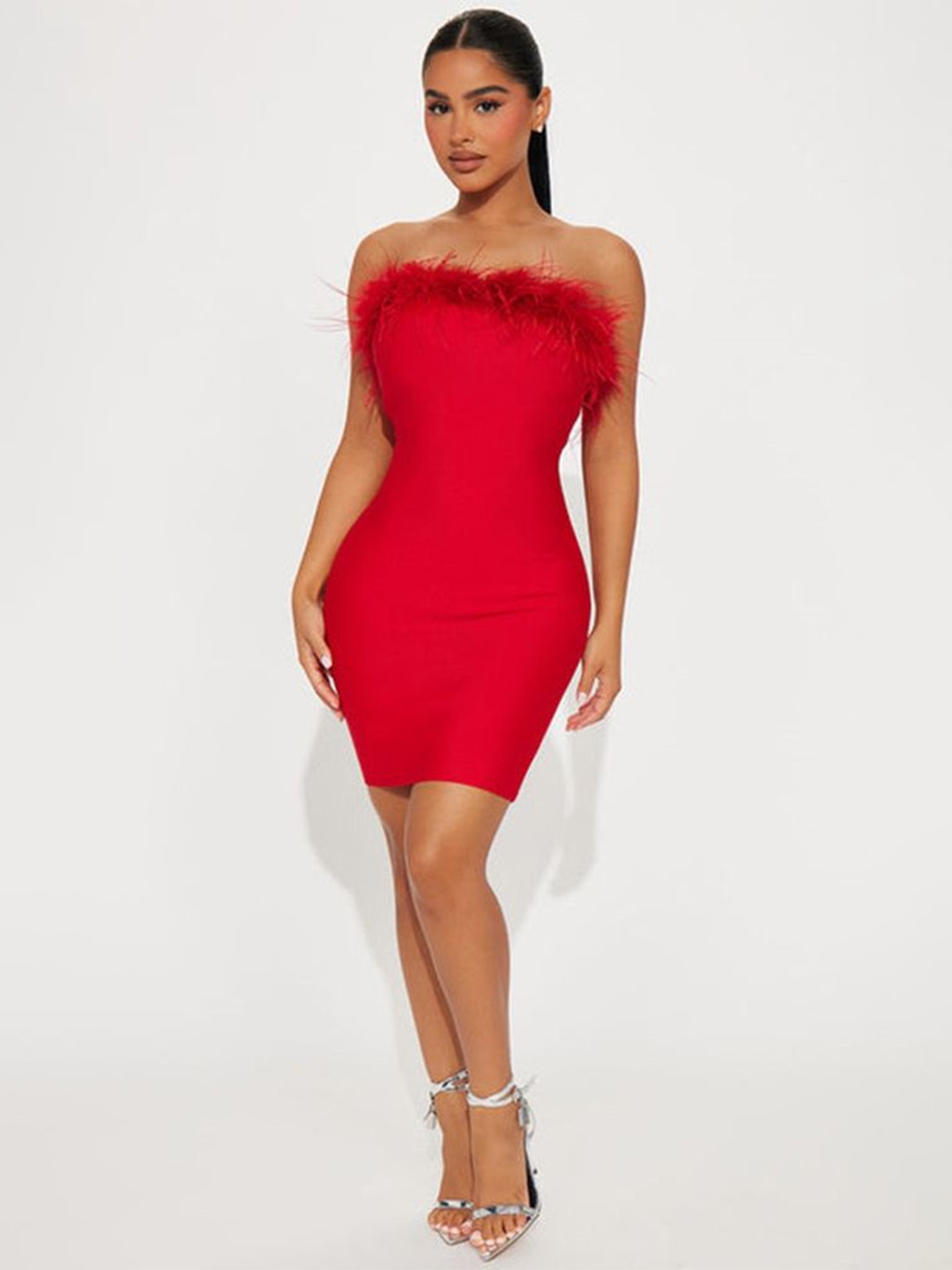 

LULU & SKY Women Faux Fur Detail Bandeau Dress, Red