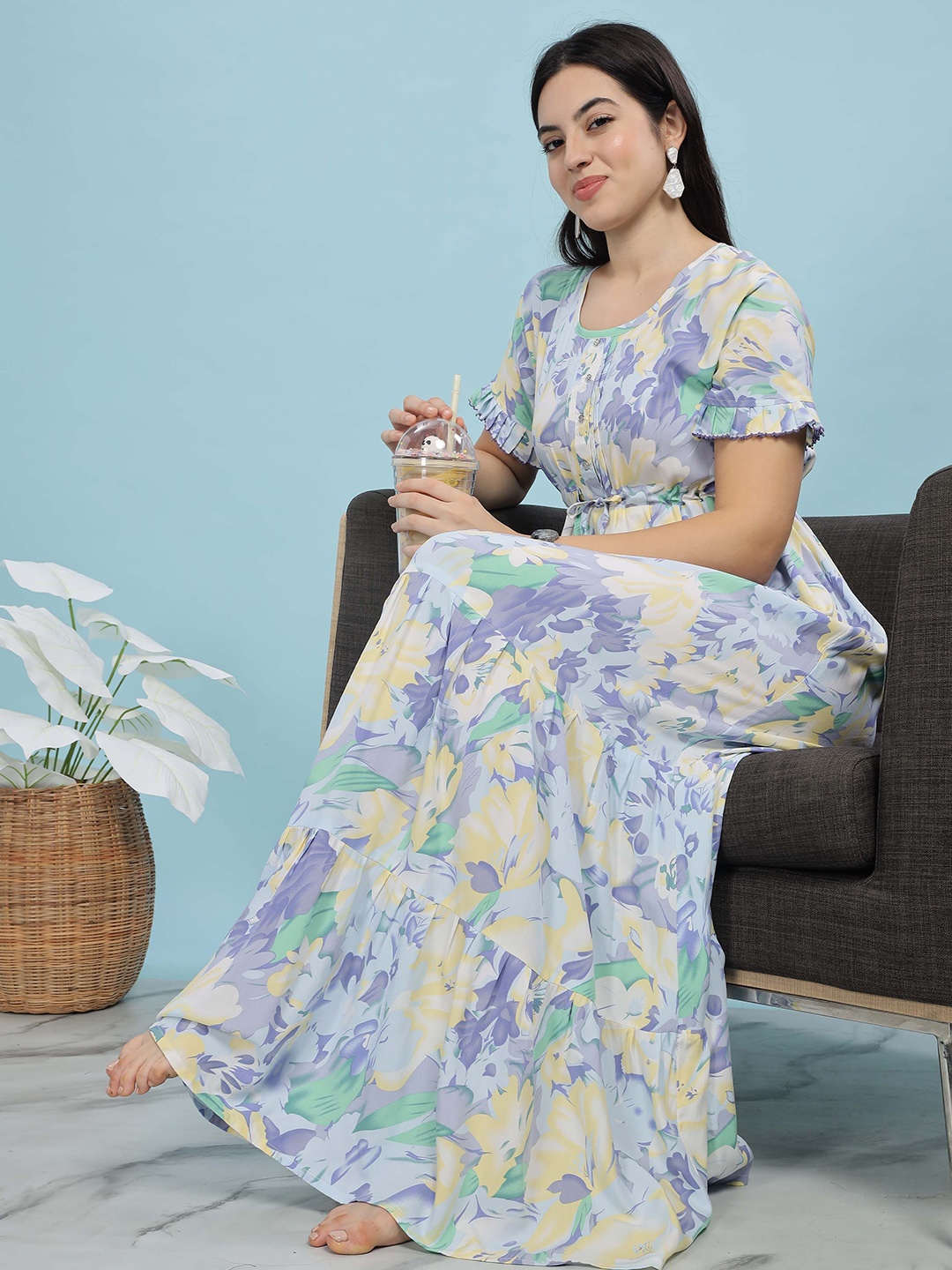 

9shines Label Floral Printed Maxi Nightdress, Blue