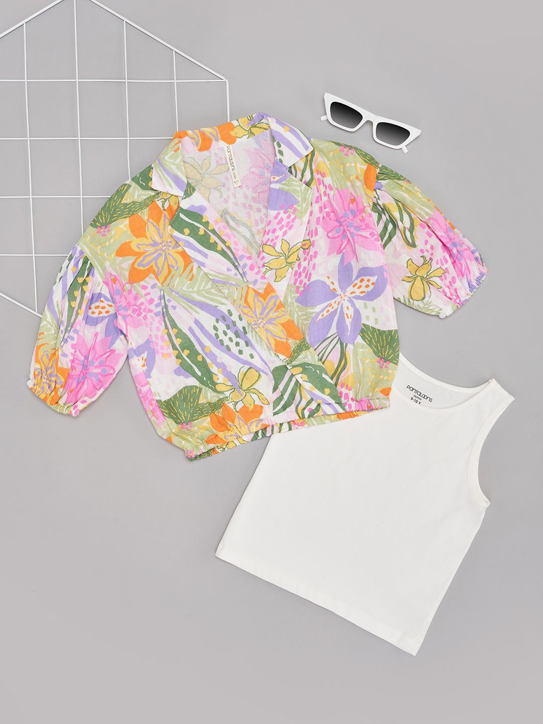 

Pantaloons Junior Girl's Floral Lapel Collar Top, White
