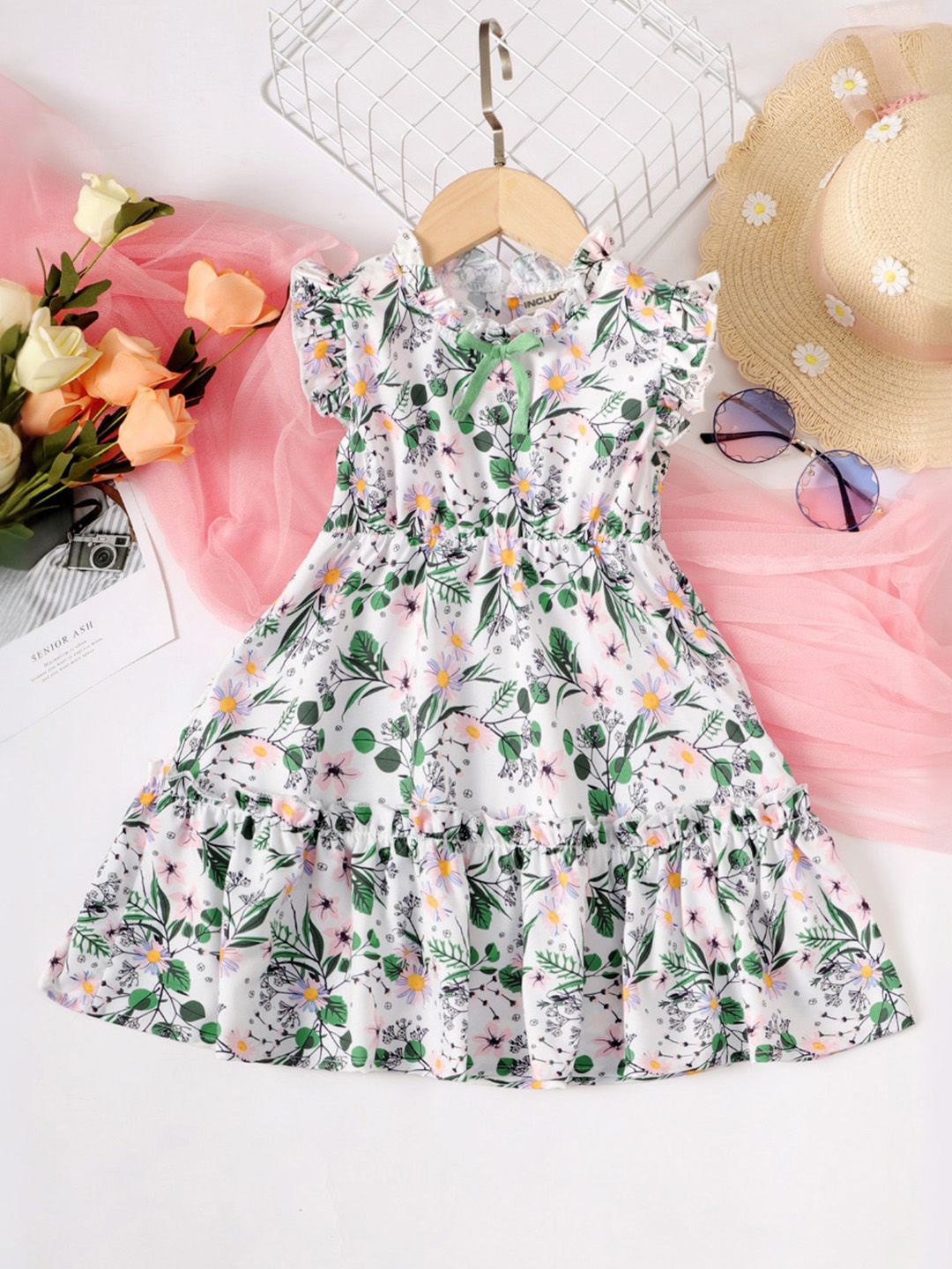 

INCLUD Girls Floral Printed Flutter Sleeve Fit & Flare Midi Tiered Dress, White