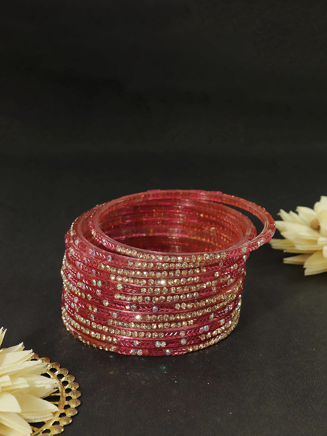 

LAVAZZA Set Of 12 Zircon Diamond Stone & Beads Studded Glass Bangles, Pink