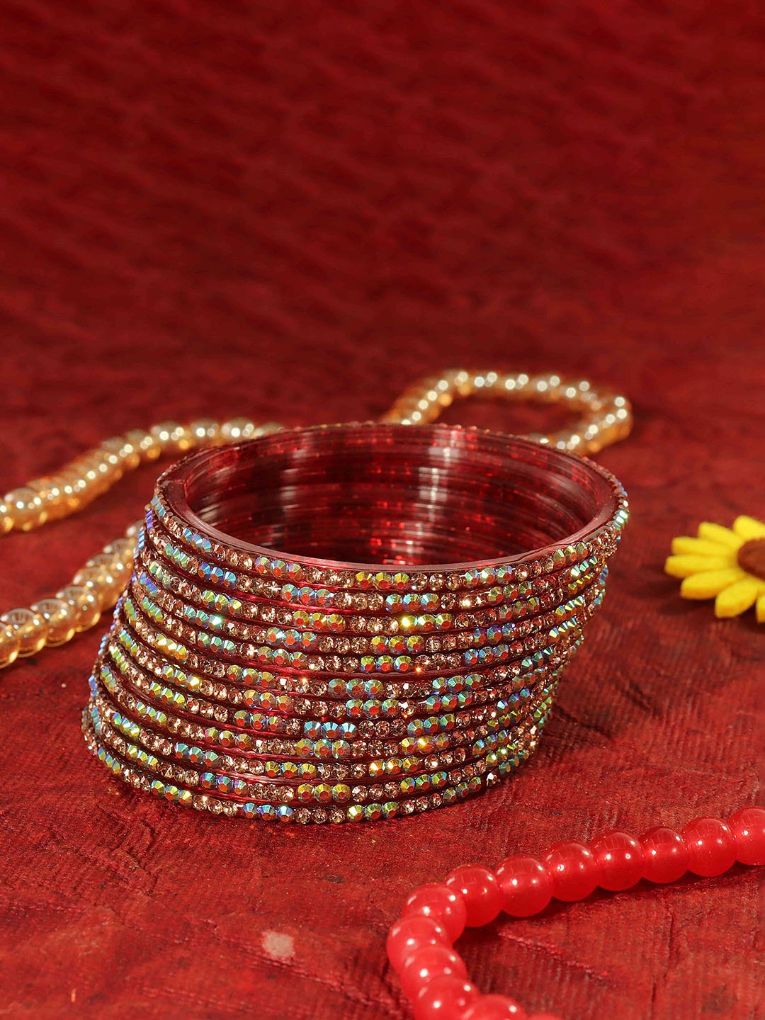 

LAVAZZA Set Of 12 Zircon Diamond Stone & Beads Studded Glass Bangles, Maroon