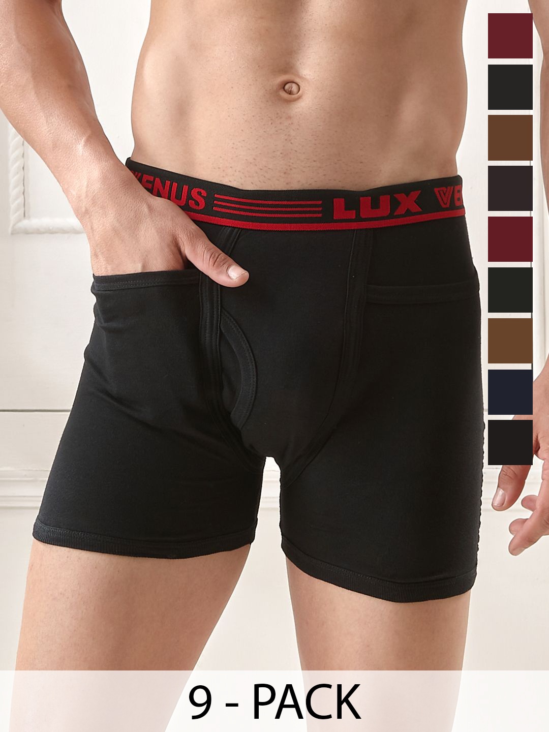 

LUX VENUS Pack of 9 Assorted Men Cotton Pocket Trunk NW1_VENUS_PKT_DRW_AST_75_9PC, Black