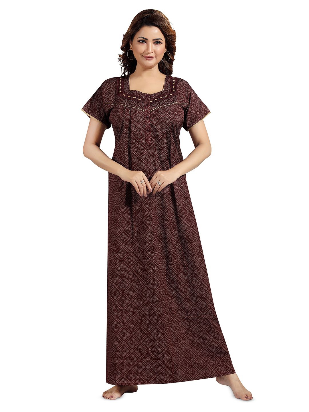 

NIGHT QUEEN Women Printed Maxi Nightdress, Brown