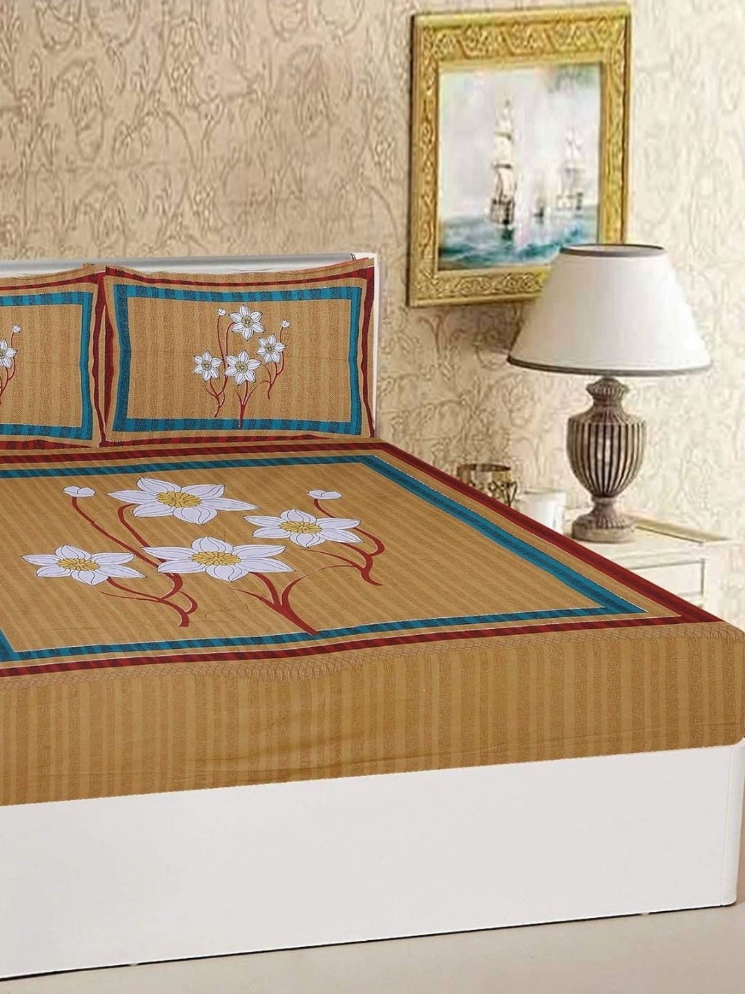 

AYAT COLLECTION Beige Floral 144 TC Queen Bedsheet with 2 Pillow Covers