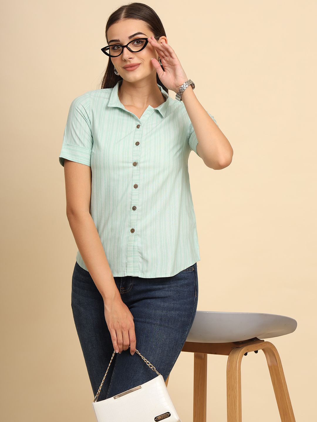 

Anouk Rustic Vertical Striped Pure Cotton Casual Shirt, Sea green