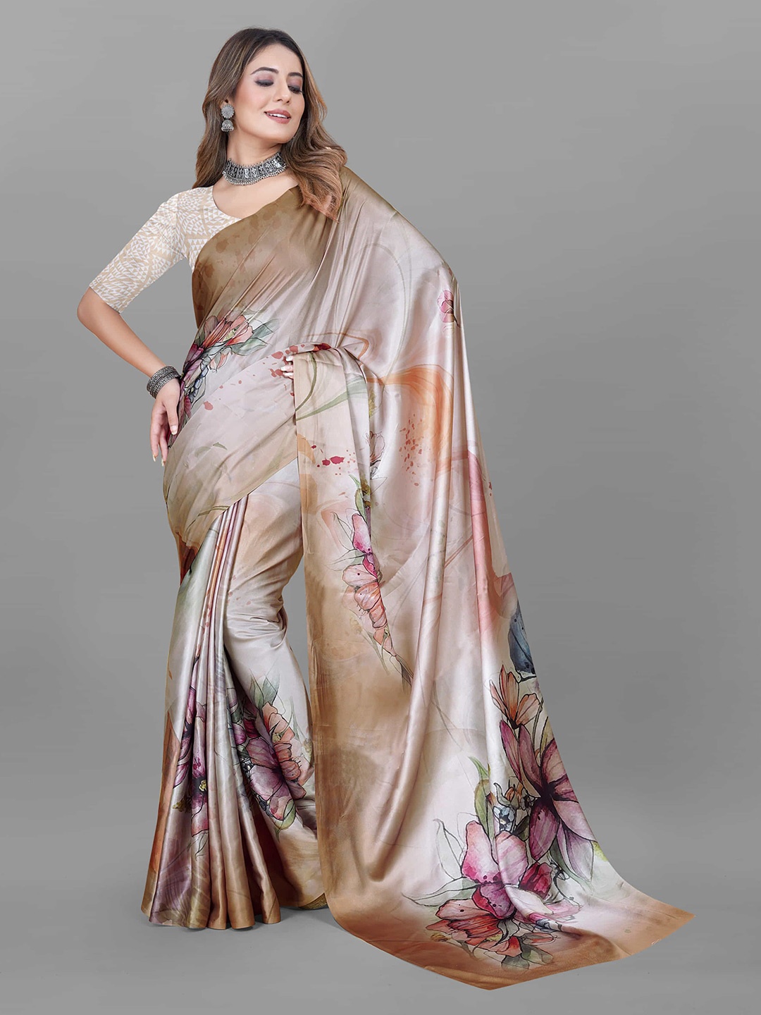 

V3 FASHION STUDIO Floral Printed Satin Saree, Brown