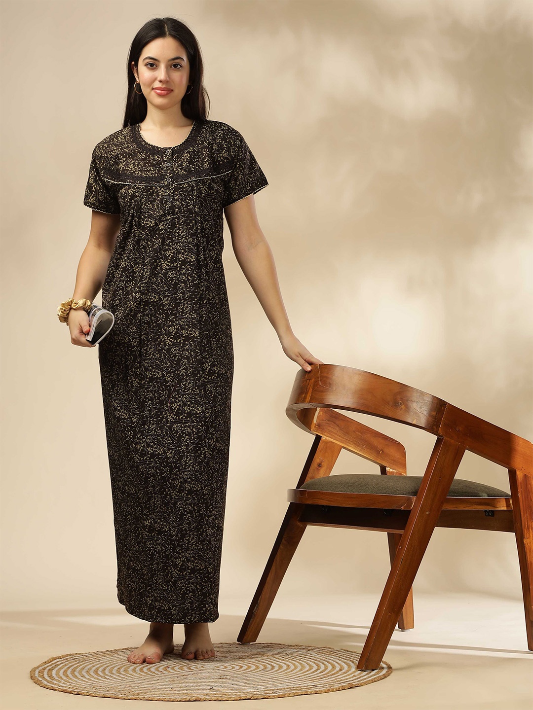 

9shines Label Women Printed Maxi Nightdress, Brown