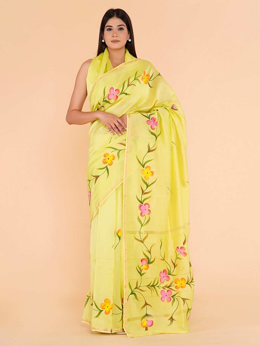 

Shivanya Handicrafts Floral Zari Pure Silk Block Print Saree, Yellow