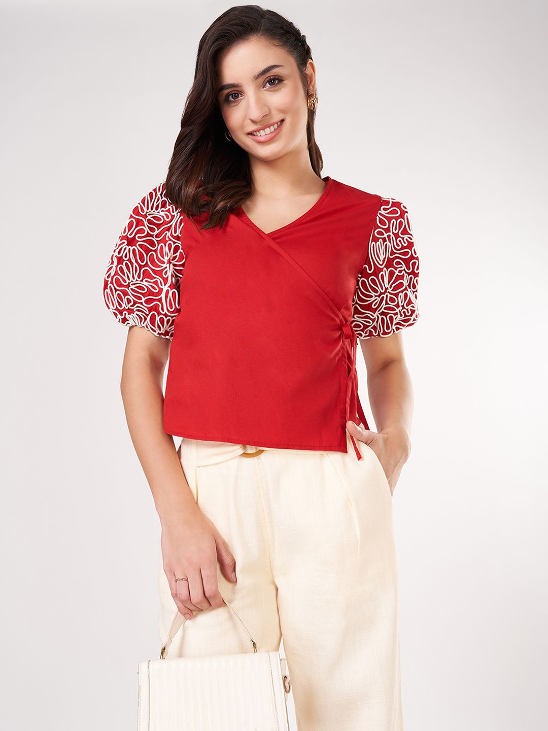 

Honey by Pantaloons Women Puff Sleeve Cotton Top, Red