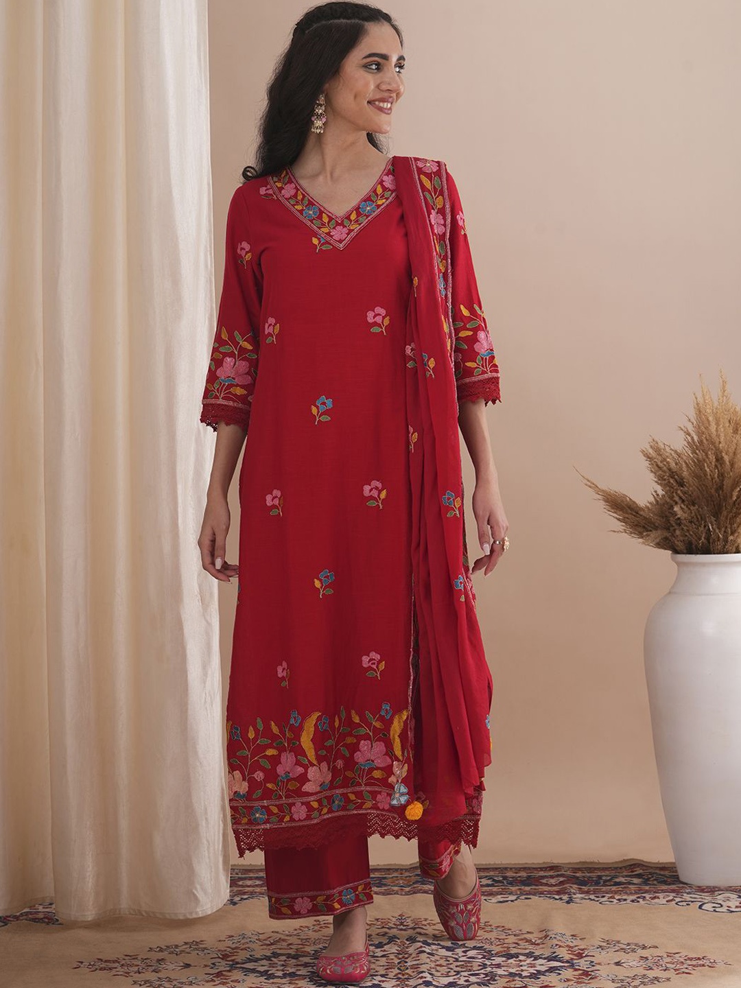 

FASHOR Floral Embroidered Sequinned Pure Cotton Straight Kurta With Trouser & Dupatta, Red