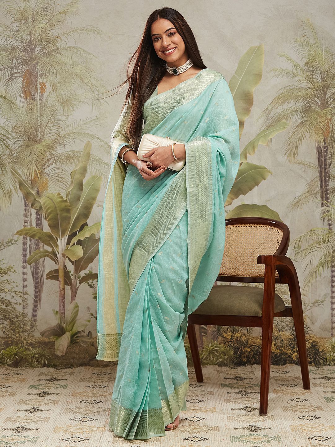 

RACHNA Woven Design Zari Ready to Wear Saree, Sea green