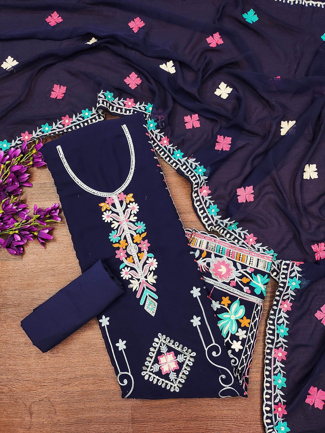 

Maroosh Floral Embroidered Sequined Unstitched Dress Material, Blue