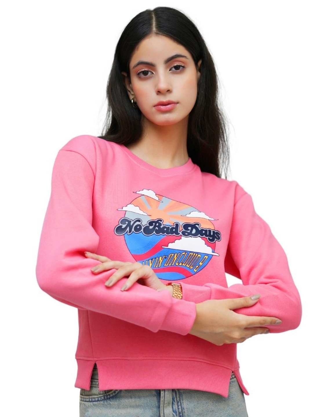 

PUREMIST Women Self Design Long Sleeves Sweatshirt, Pink