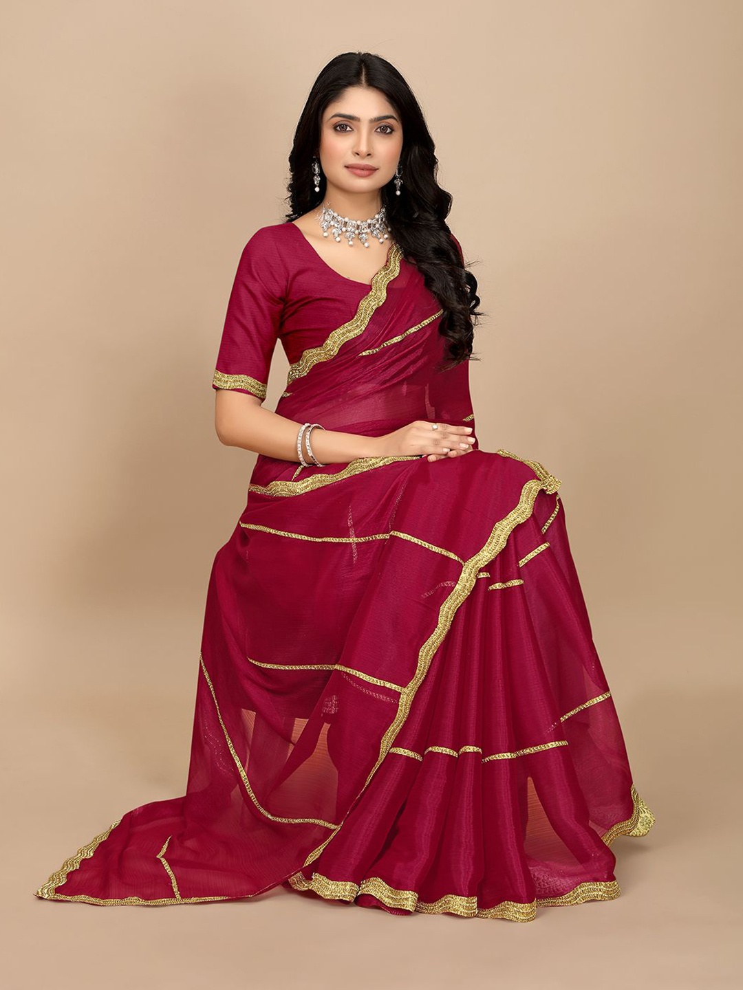 

Pionex Striped Embroidered Organza Saree, Pink