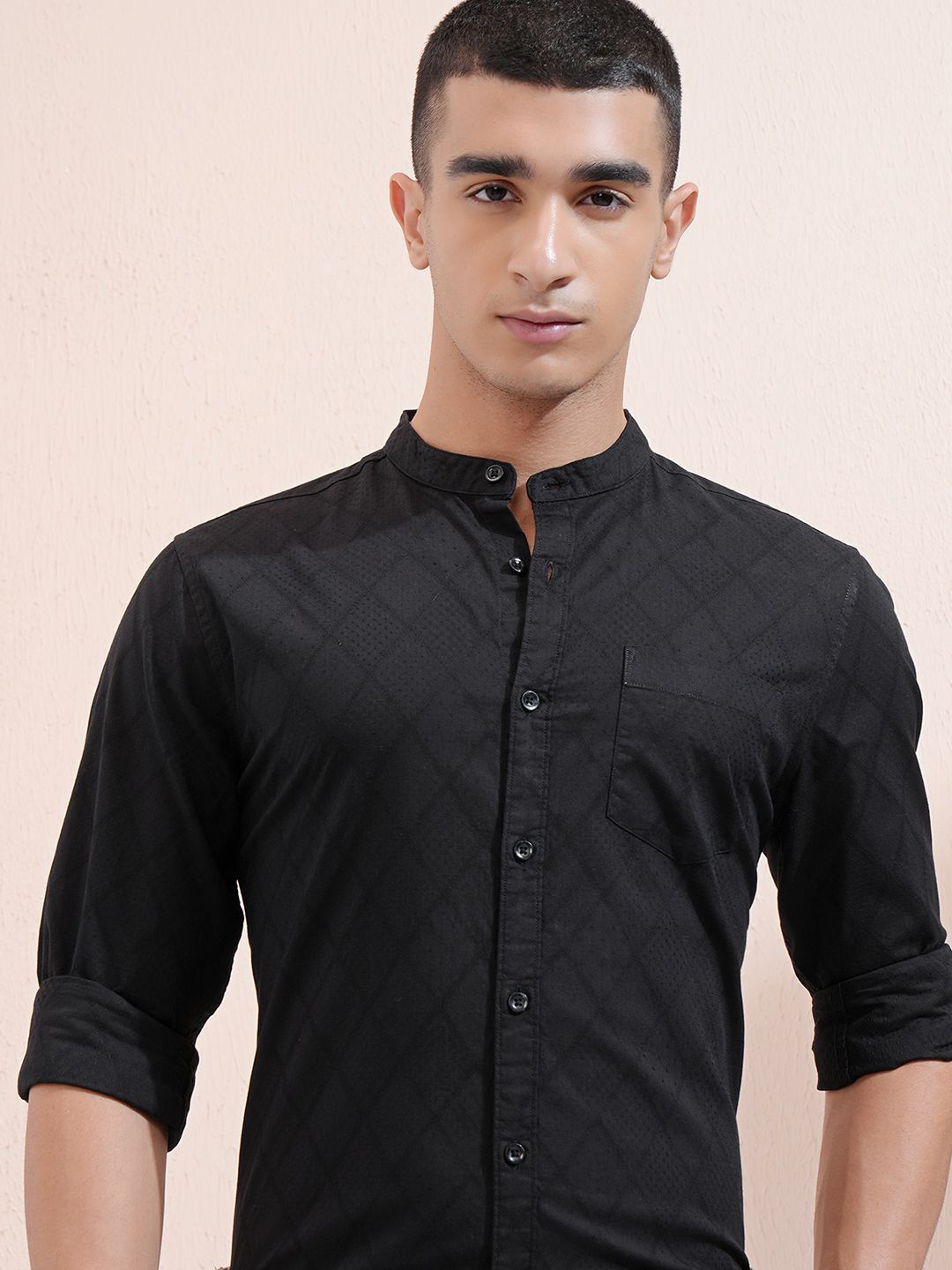 

Highlander Men Jacquard Textured Solid Mandarin Collar Casual Shirt, Black