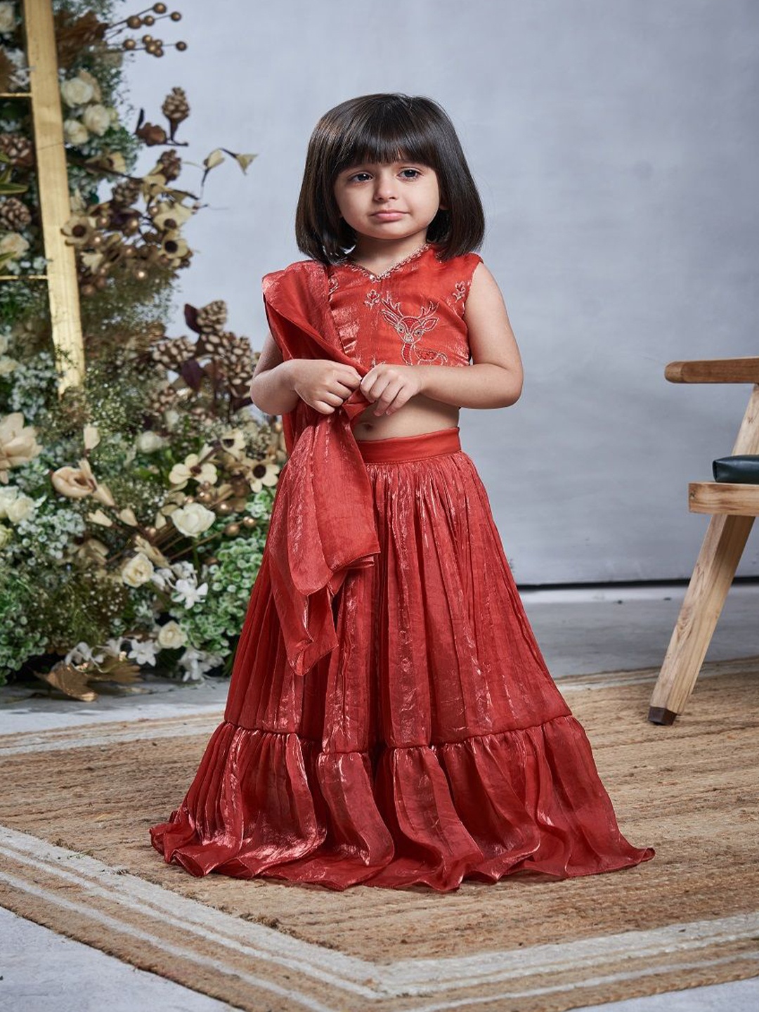 

Vivedkids Girls Embroidered Thread Work Ready to Wear Lehenga & Blouse, Rust
