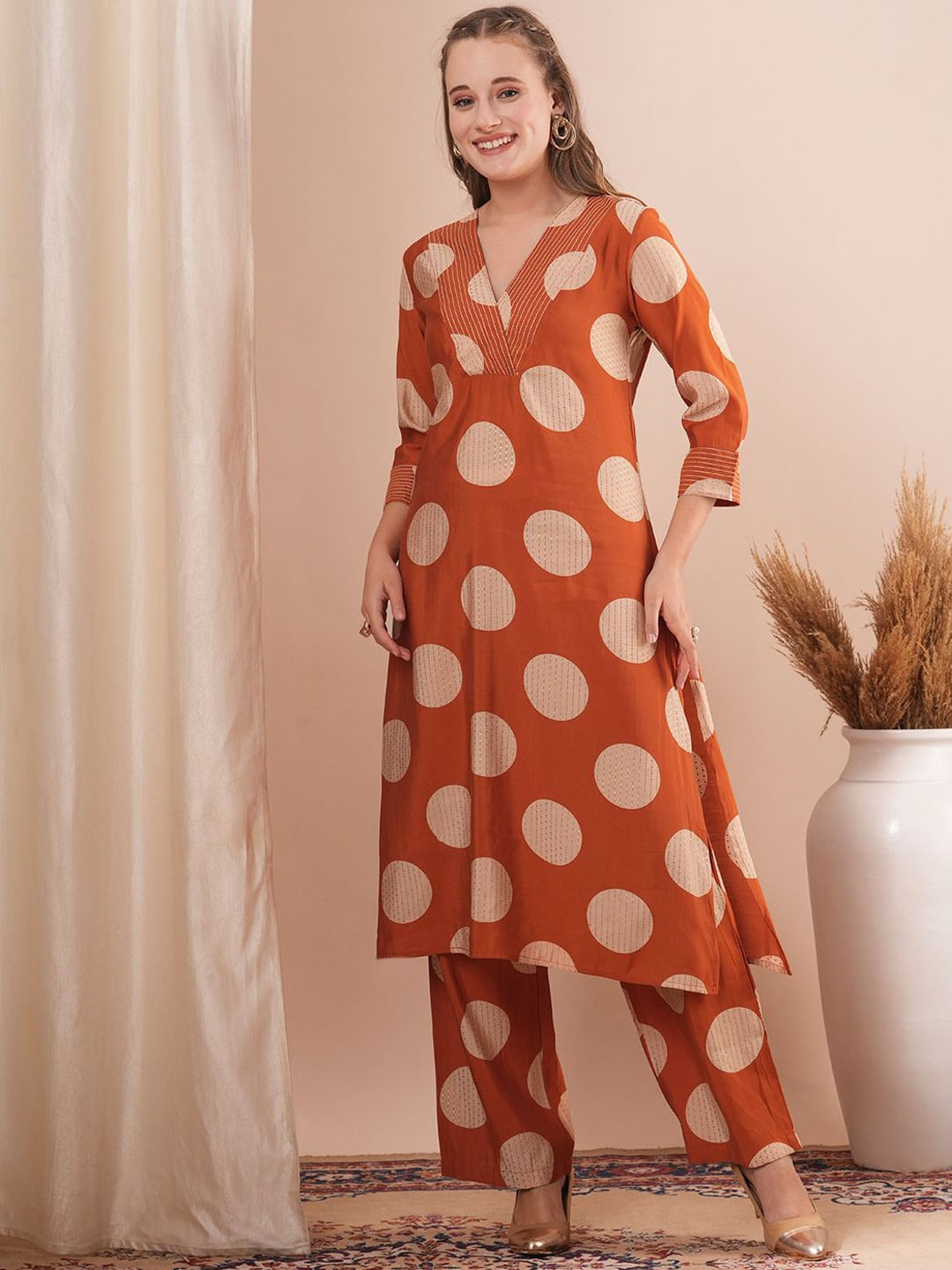 

FASHOR Foil Polka Dots Printed V-Neck Tunic With Palazzos, Rust