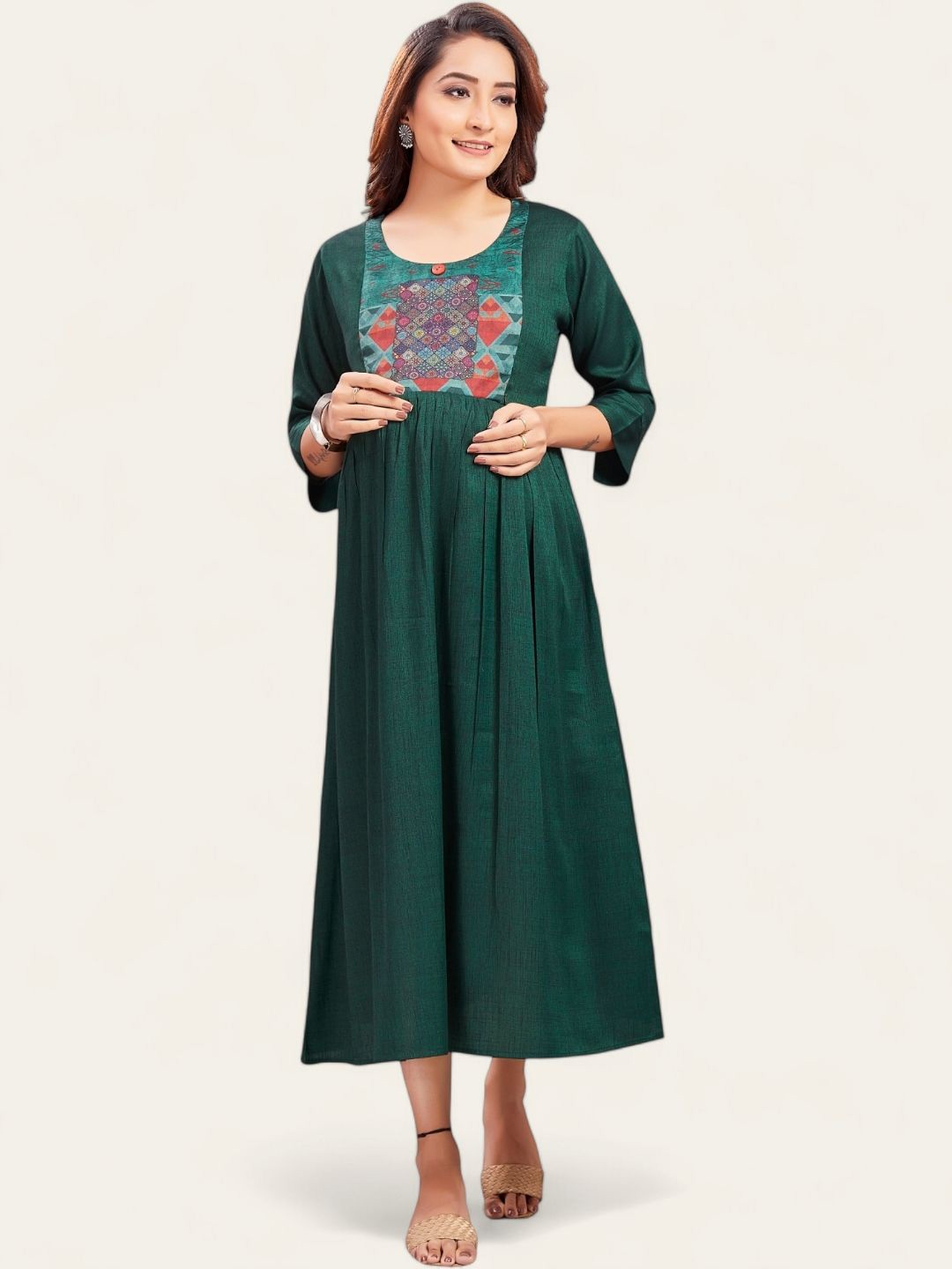 

RITIJYA Women Round Neck Maternity Fit & Flare Dress, Green