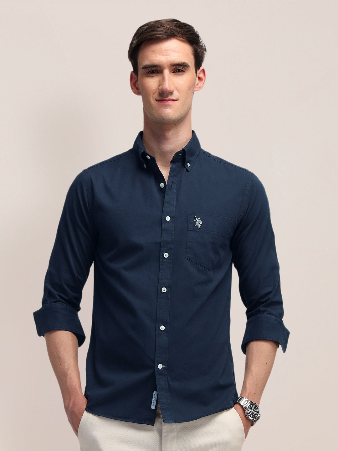 

U.S. Polo Assn. Men Classic Button-Down Collar Solid Cotton Tailored Fit Casual Shirt, Navy blue