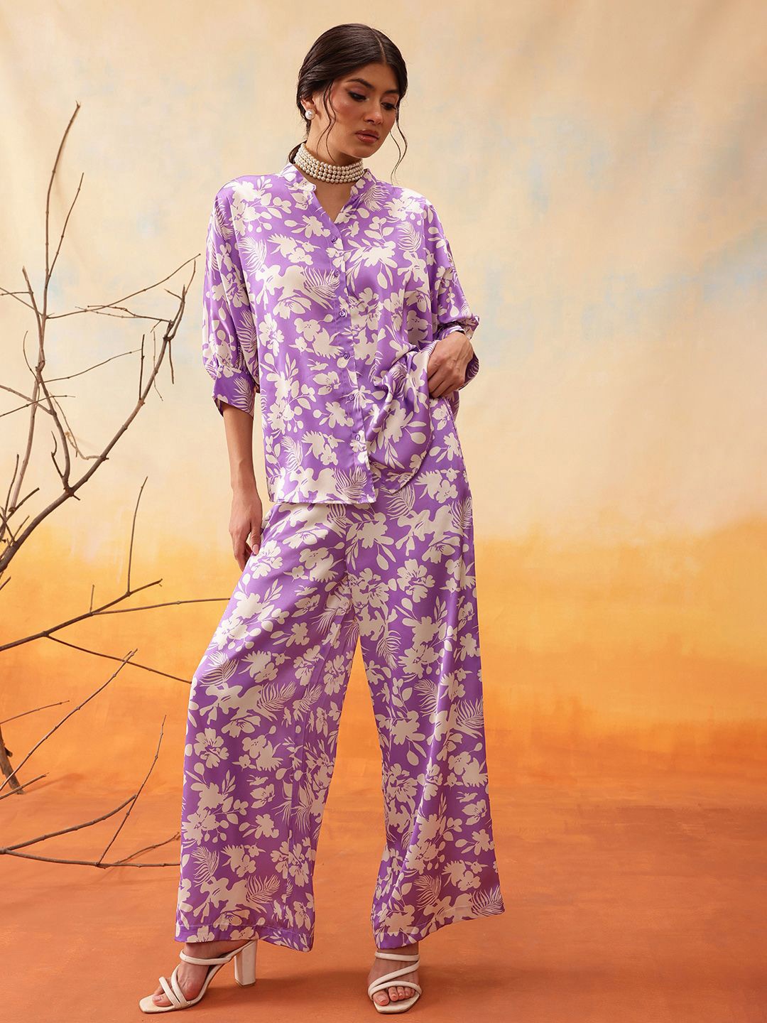 

indo street Floral Printed Top With Trousers, Lavender