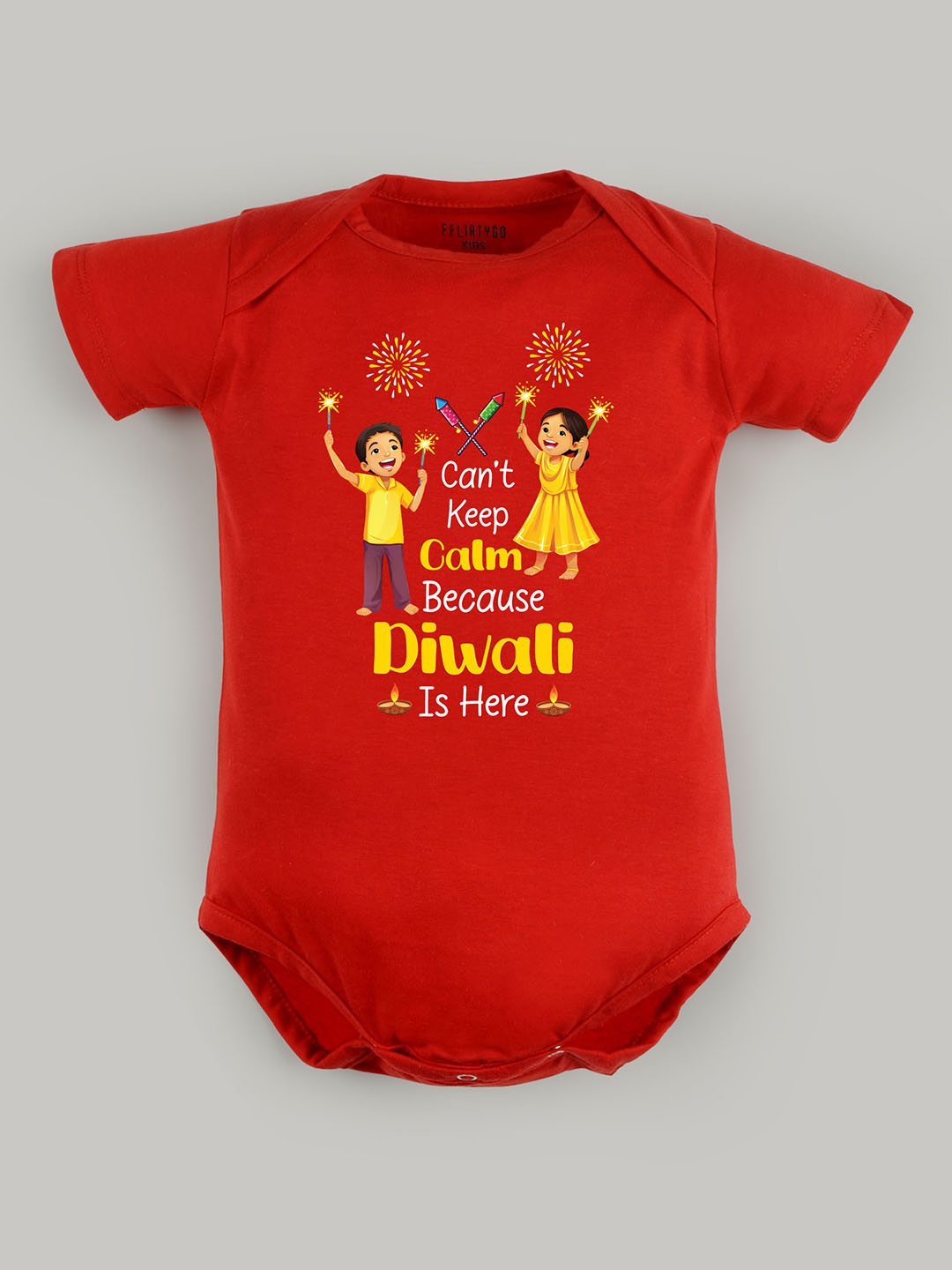 

FFLIRTYGO Infants Printed Pure Cotton Diwali Romper Baby Wear Bodysuit, Red