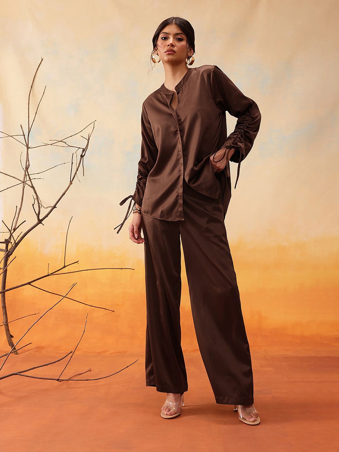 

indo street Mandarin Collar Shirt With Trouser Co-Ords, Brown