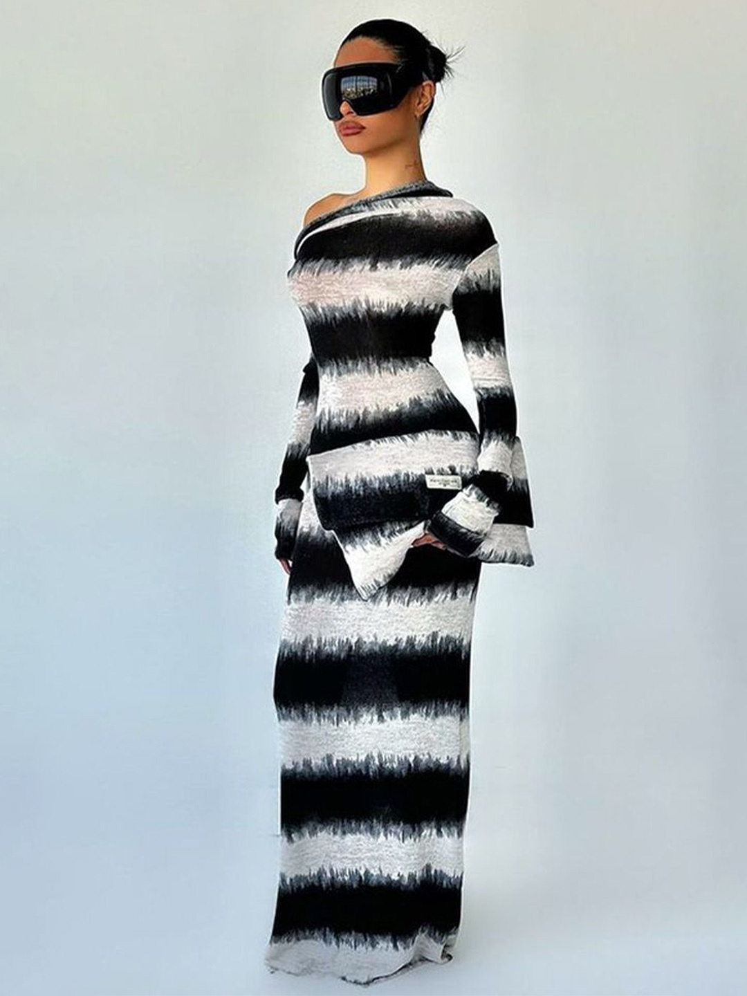 

LULU & SKY Striped Printed One-shoulder Maxi Dress, Black