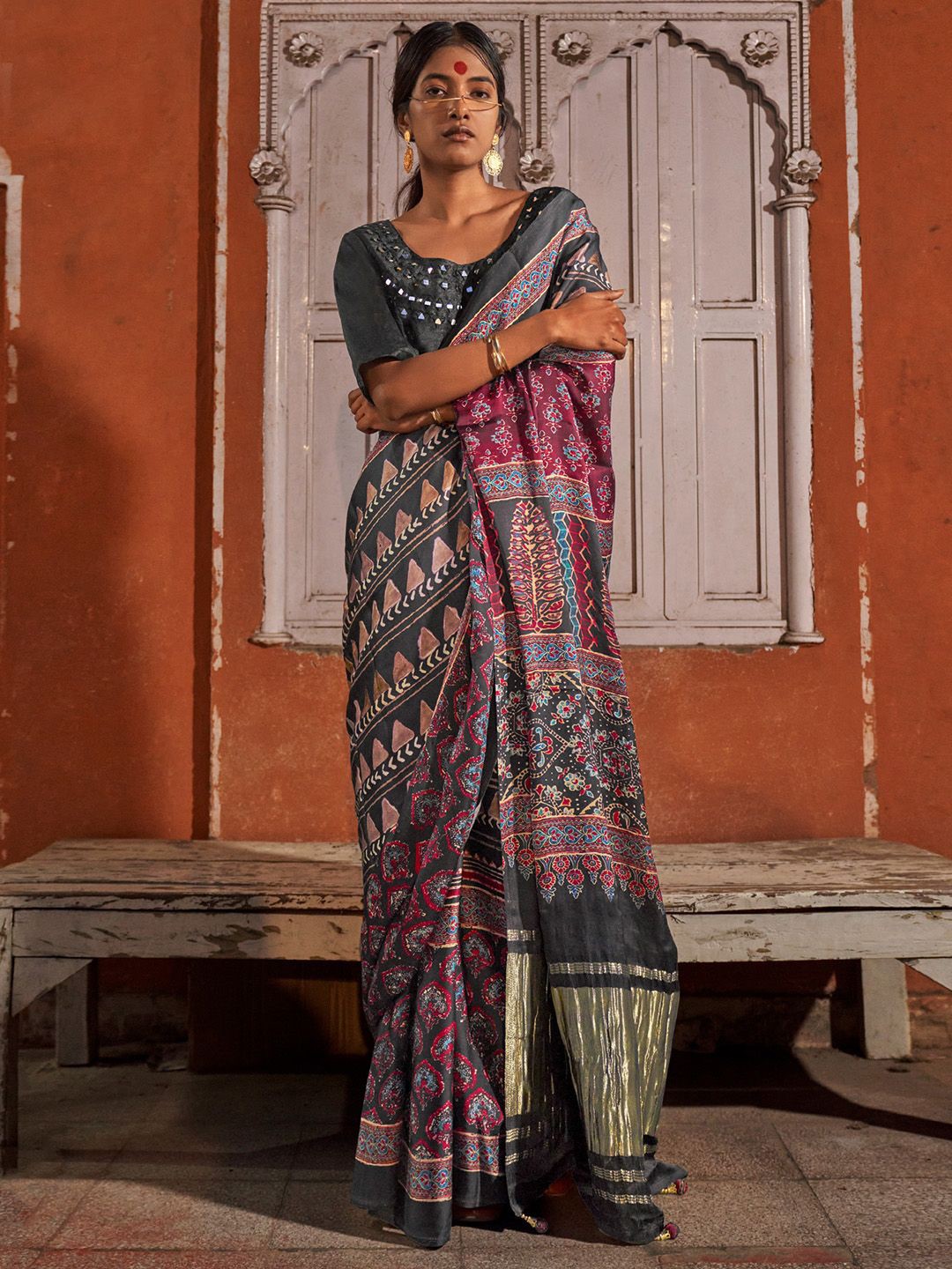 

Saree mall Ajrak Block Printed Sarees, Purple