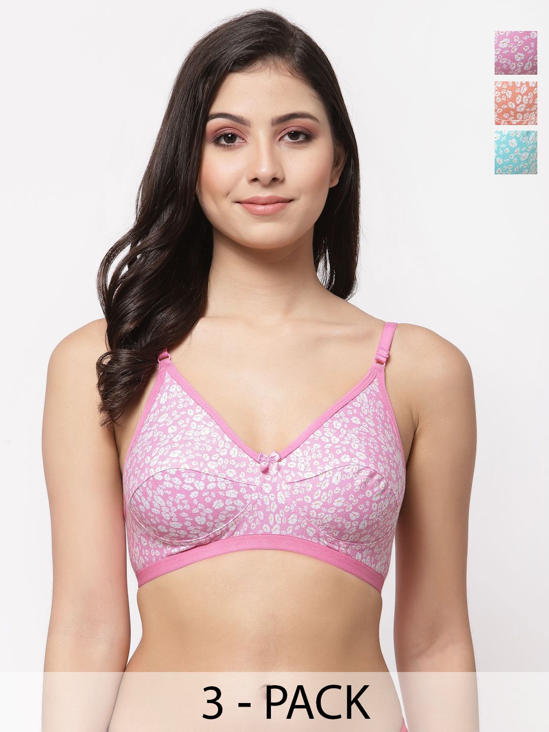 

Docare Comfy Pack Of 3 Cotton Non Padded Floral Printed Everyday Bra, Pink