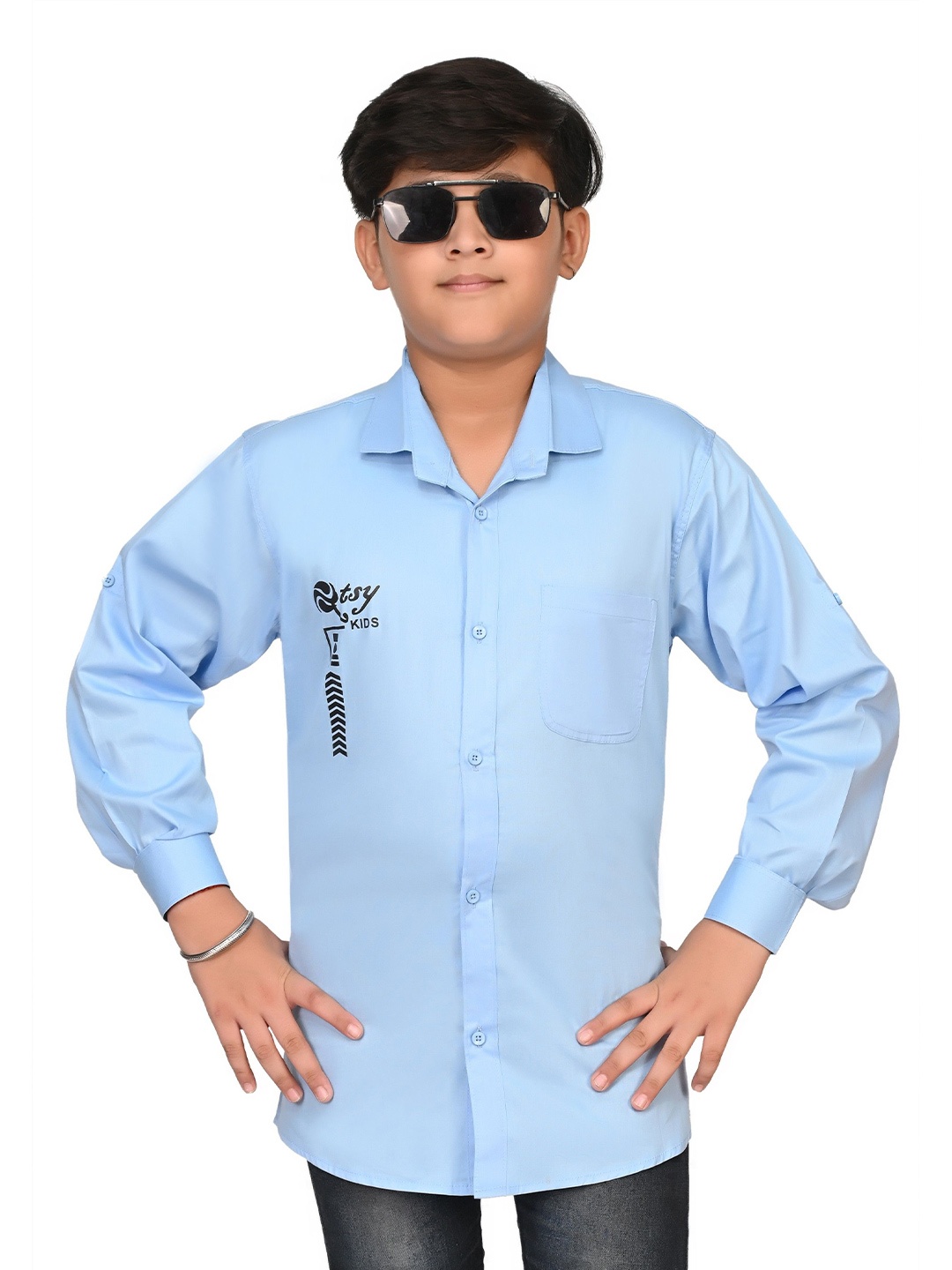 

Eliq Boys Cuban Collar Solid Cotton Casual Shirt, Blue