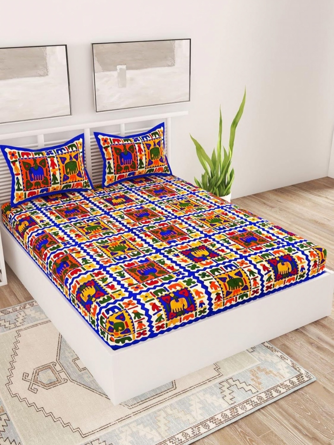

AYAT COLLECTION Blue & Yellow Ethnic Motifs 144 TC Queen Bedsheet with 2 Pillow Covers