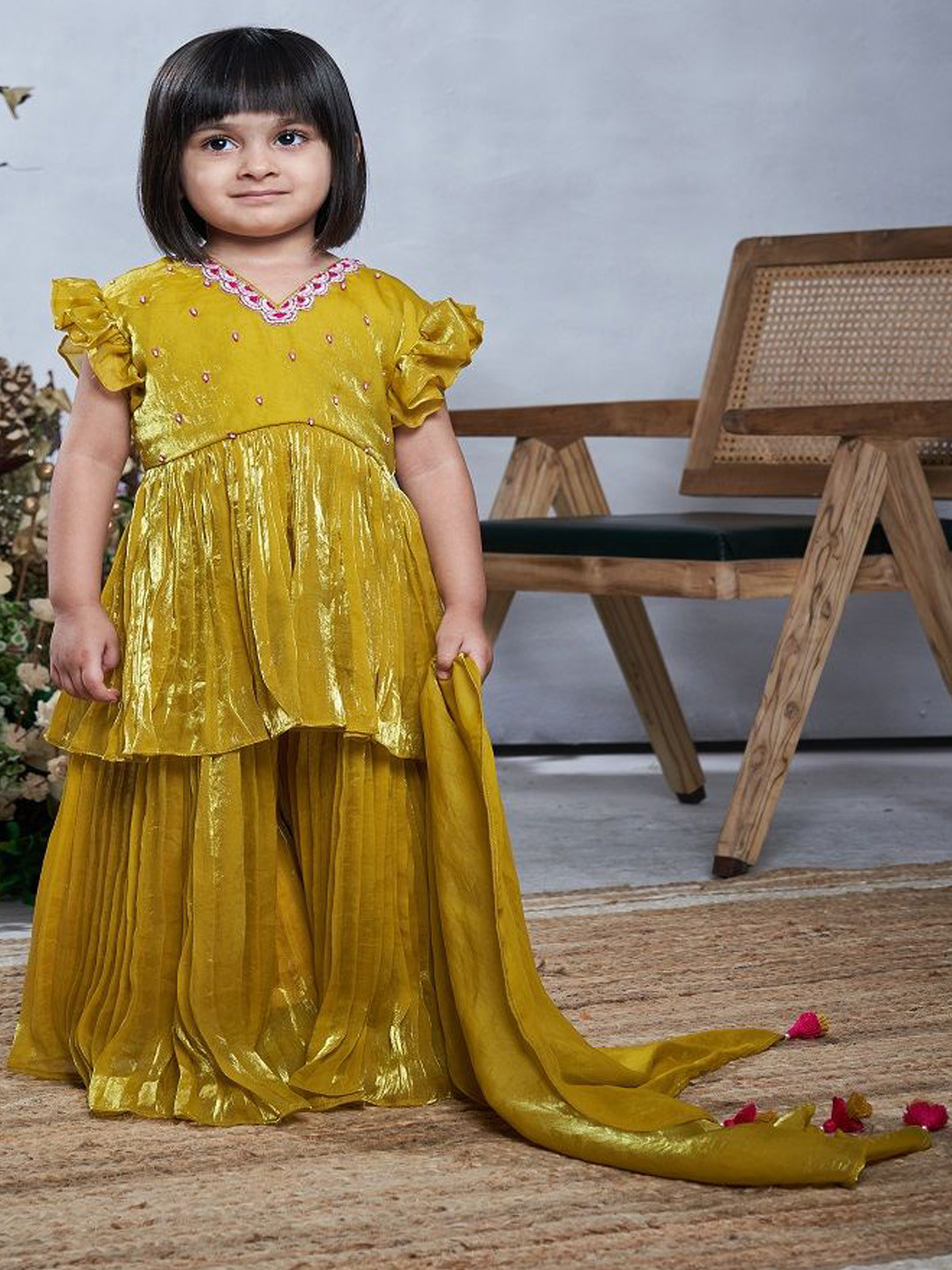 

Vivedkids Girls Floral Embroidered Thread Work Anarkali Kurti With Sharara & Dupatta, Yellow