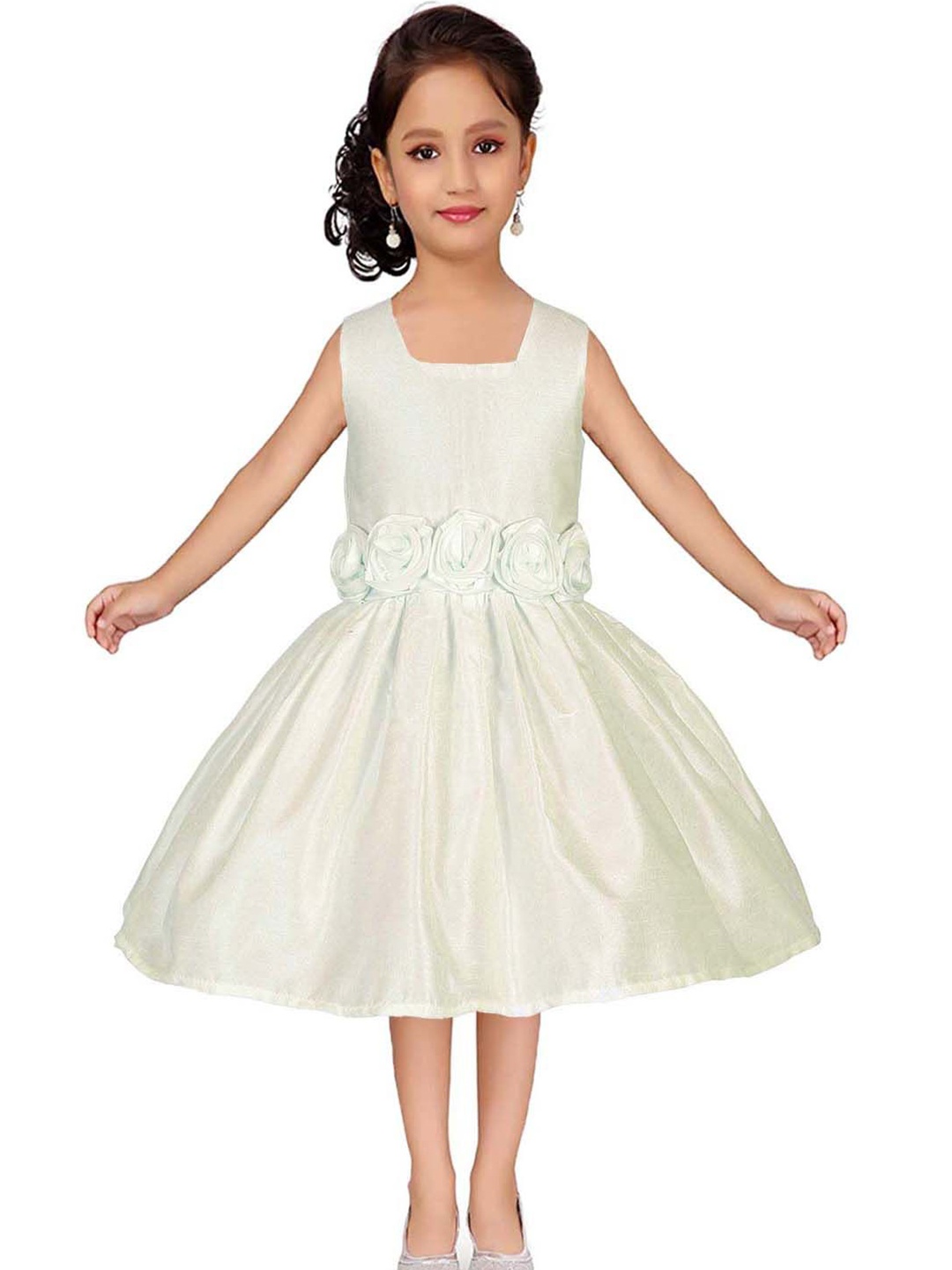 

Wish little Girl Self Design Square Neck A-Line Dress, Off white