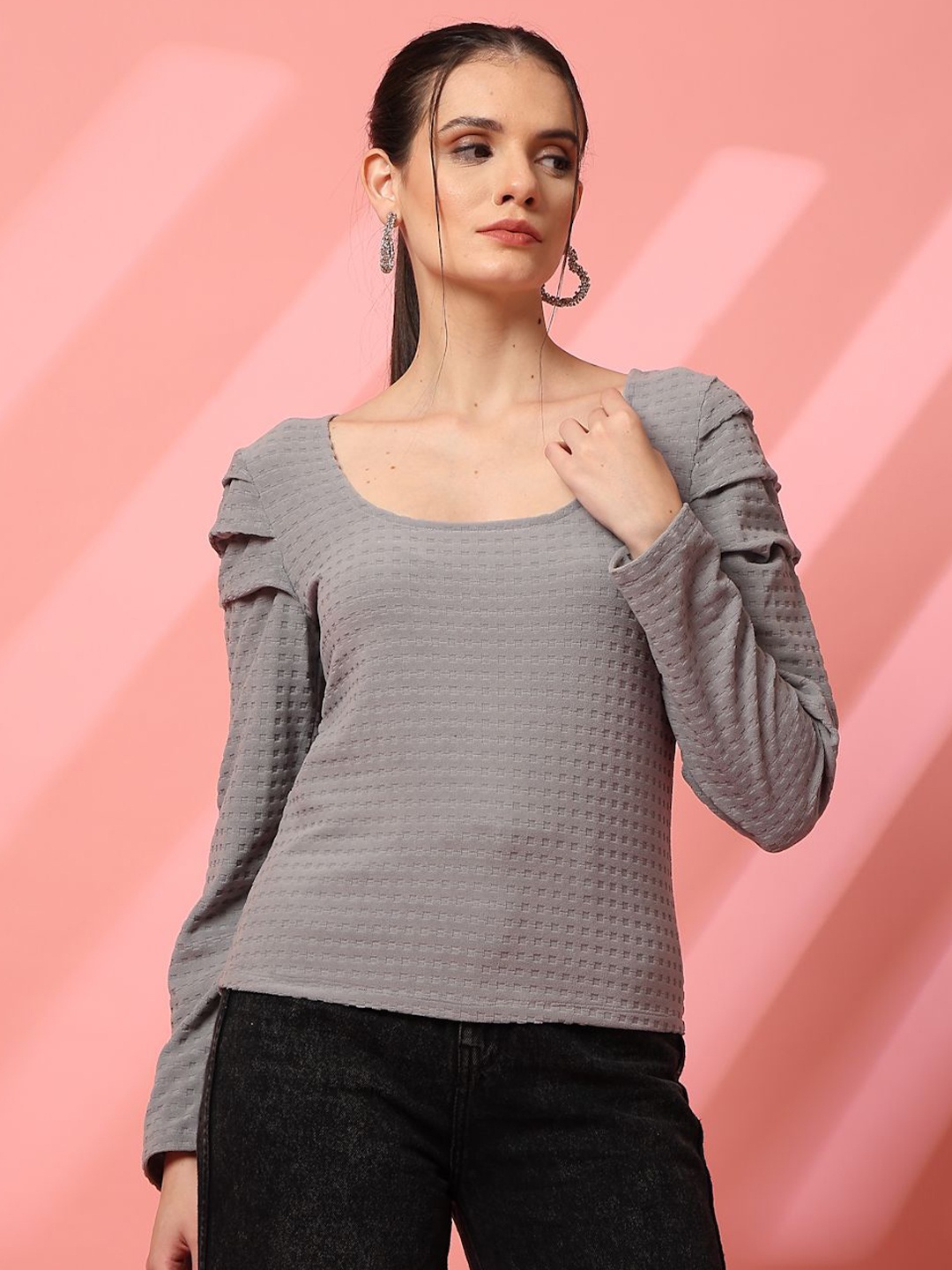 

STYLECAST X KASSUALLY Women Cotton Puff Sleeves Top, Grey
