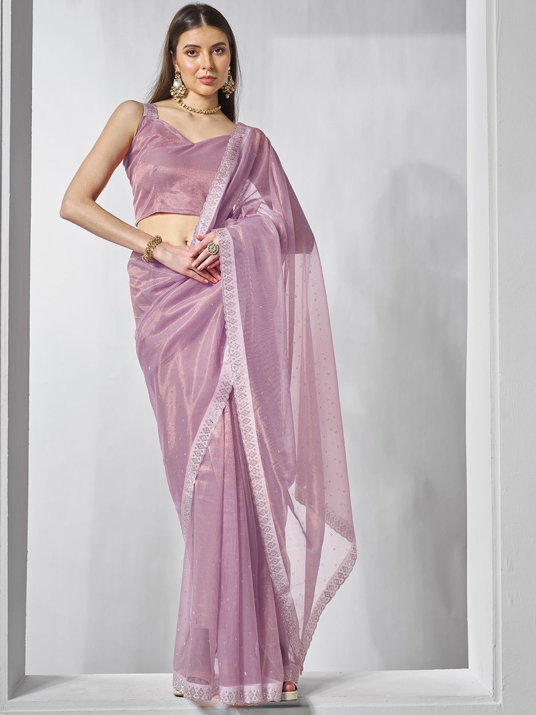 

Mitera Embellished Beads and Stones Organza Saree, Lavender